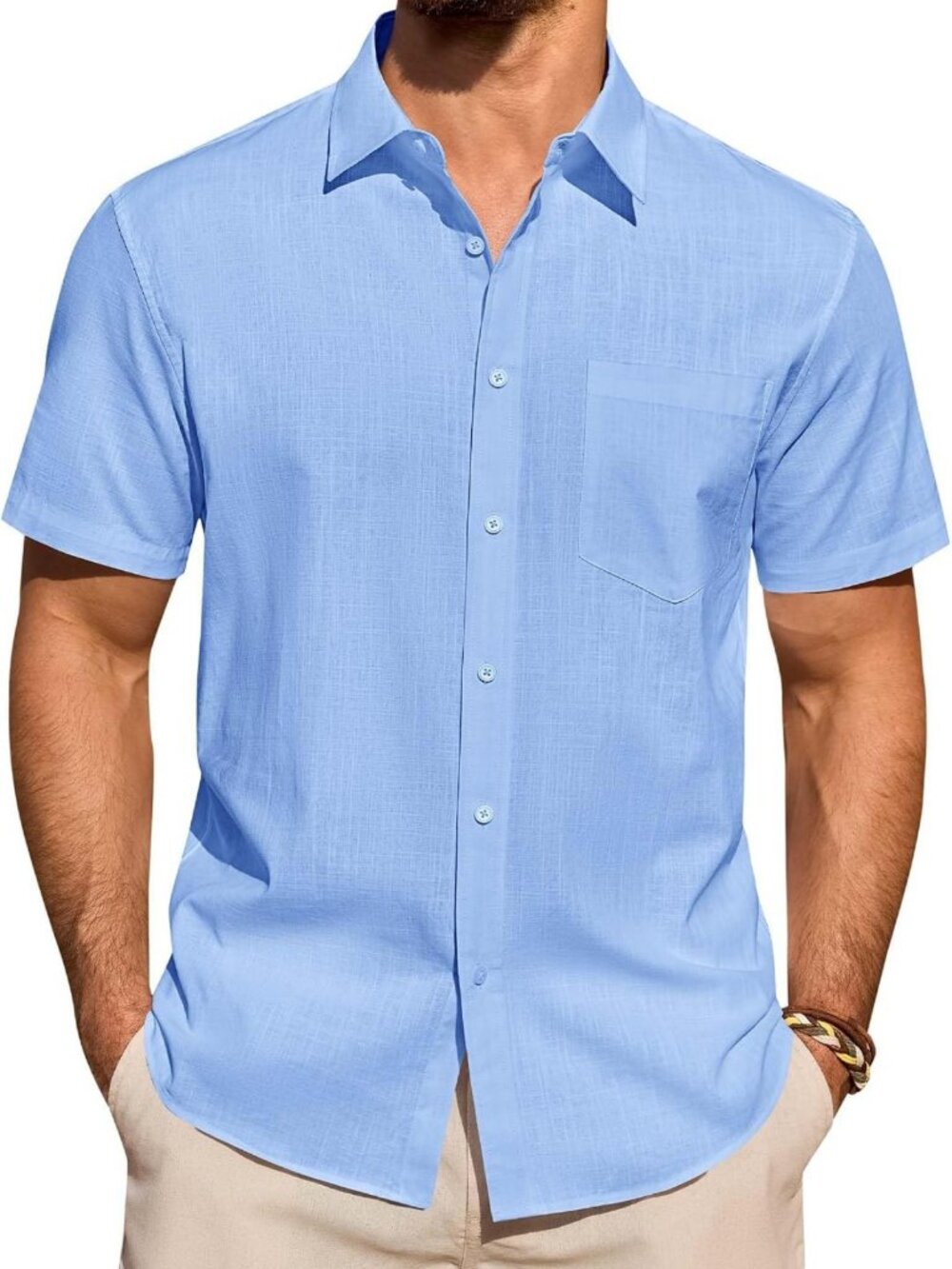 Men's Short Sleeve Linen Button Down Shirt - Casual Cotton Beach Top with Pocket